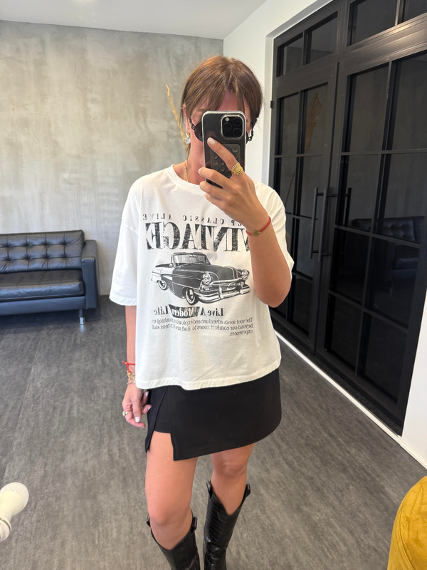 Vintage , Araba Desenli , Beyaz Tshirt
