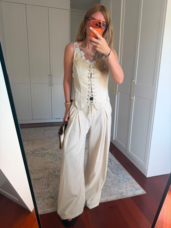 Deri Kemerli , %100 Cotton , Bej Palazzo Pantolon