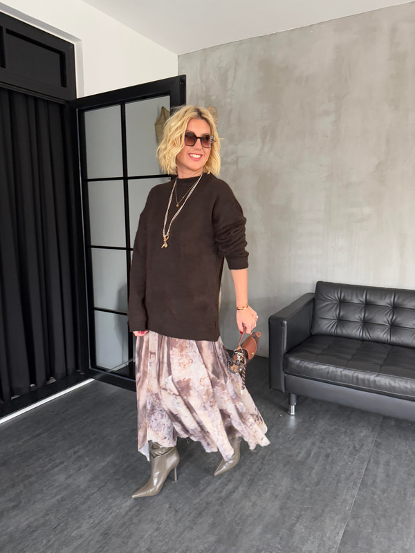 Beli Lastikli , Kahve & Bej , Batik Desenli , Astarlı Şifon Etek