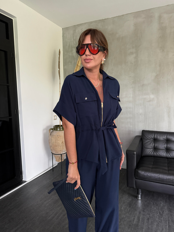 Lacivert Tencel Ceket & Beli Lastikli Pantolon Takım