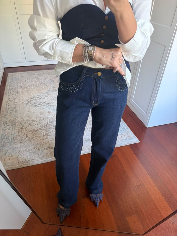 Cebi Taş İşlemeli , Koyu Lacivert , Tencel Jean Pantolon
