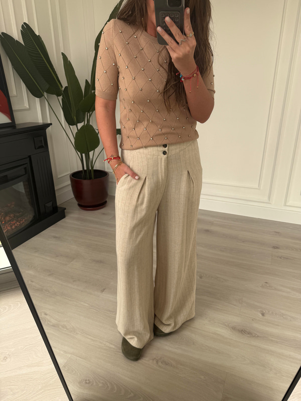 Arka Beli Lastikli , Camel Çizgili , Keten Dokulu , Bej Pantolon