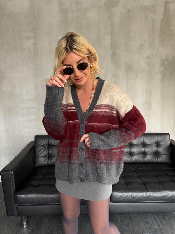 Bordo & Ekru Geçiş Çizgili , Yumuşacık Triko Hırka