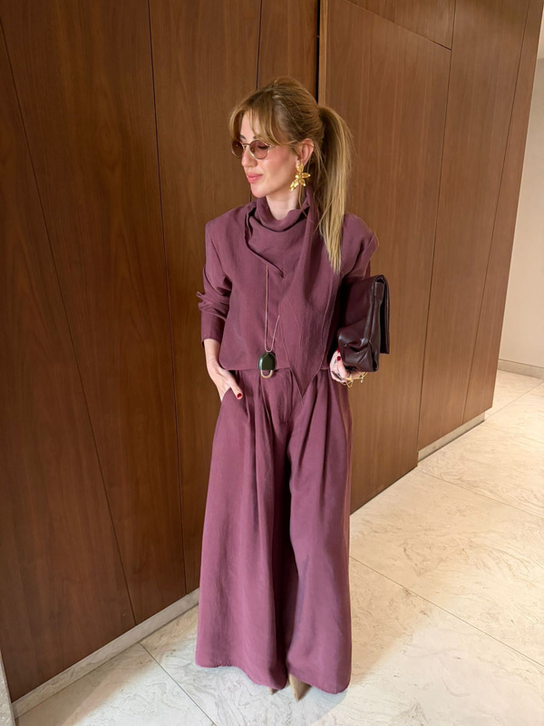 Mürdüm, Orijinal Model Fular Yakalı Gömlek & Pantalon Premium Tencel Takım
