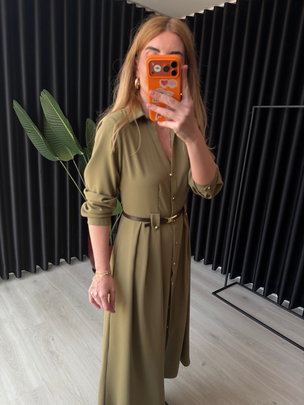 Orijinal Model , Double Krep Kumaş , Kemerli Haki Elbise