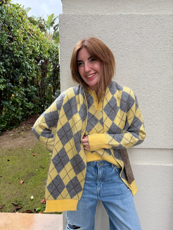 Sarı & Antrasit , Atkılı , Baklava Desenli Triko