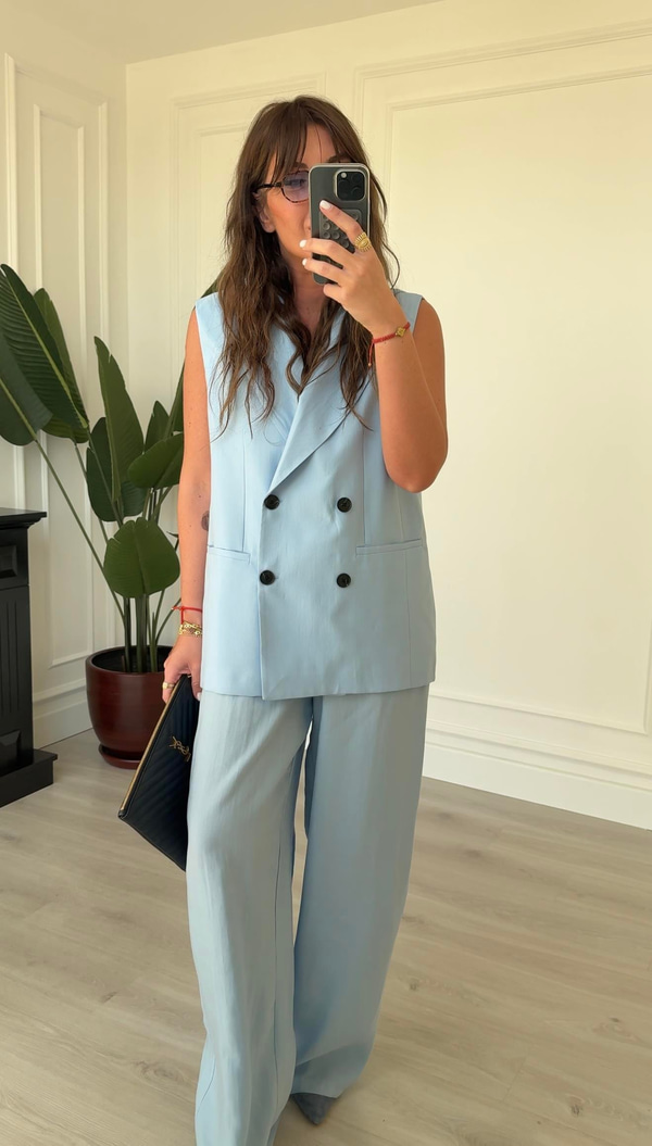 Blazer Yelek & Pantolonlu , Bebe Mavisi Premium Takım