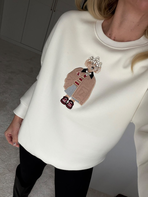Orijinal Marka , Taş İşlemeli , Beyaz Sweatshirt