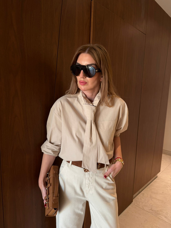 Orijinal Model , Bej , %100 Koton , Fularlı Poplin Gömlek