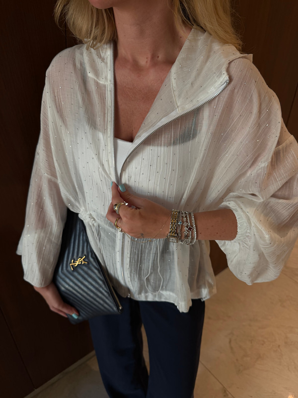 Beyaz, Taşlı Belden Büzgülü Premium Tencel Ceket