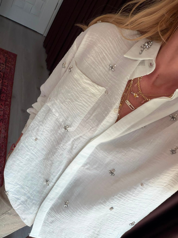 Zirkon Taş İşlemeli , %100 Cotton Beyaz Gömlek