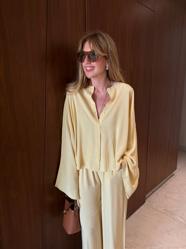 Premium Tencel Kumaş , Lastikli Pantolon & Gömlek , Sarı Takım