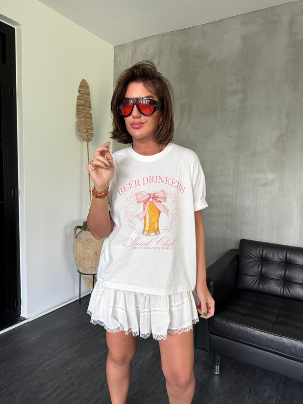 %100 Cotton , Bardak Desenli , Ekru T-shirt