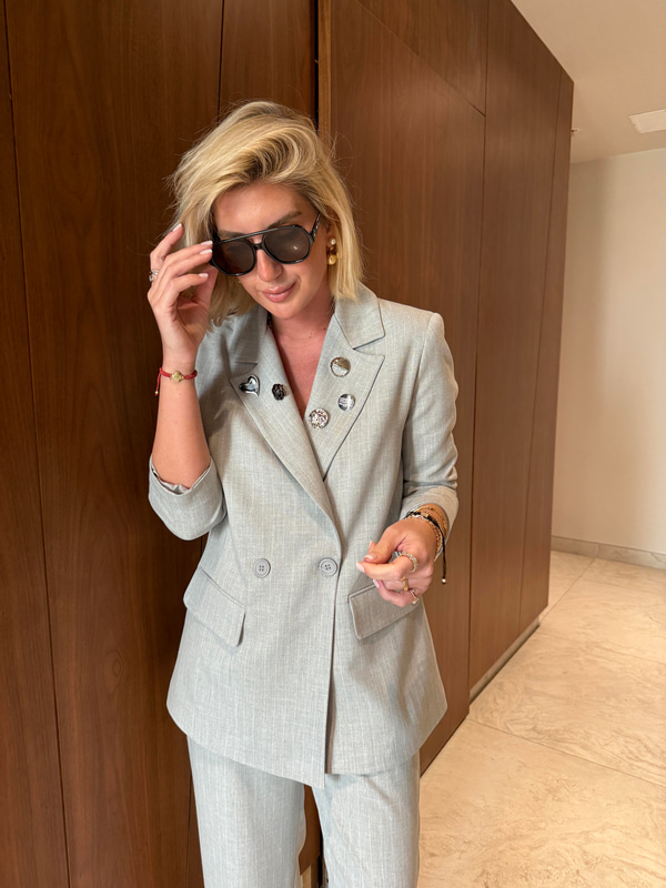 Gri , Çizgili , Metal Broşlu , Premium Blazer Ceket 