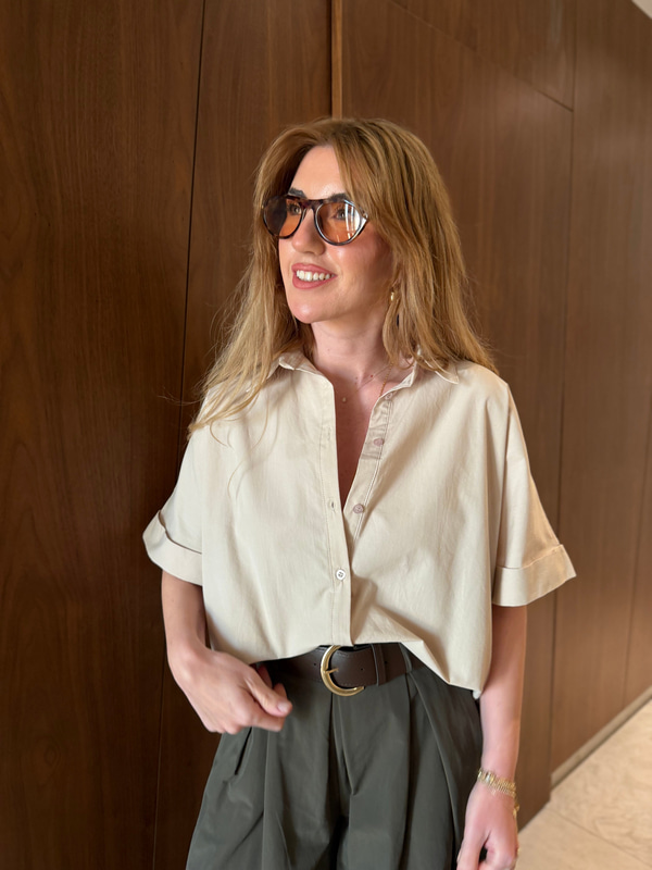 %100 Cotton , Kısa Kollu , Bej Poplin Gömlek