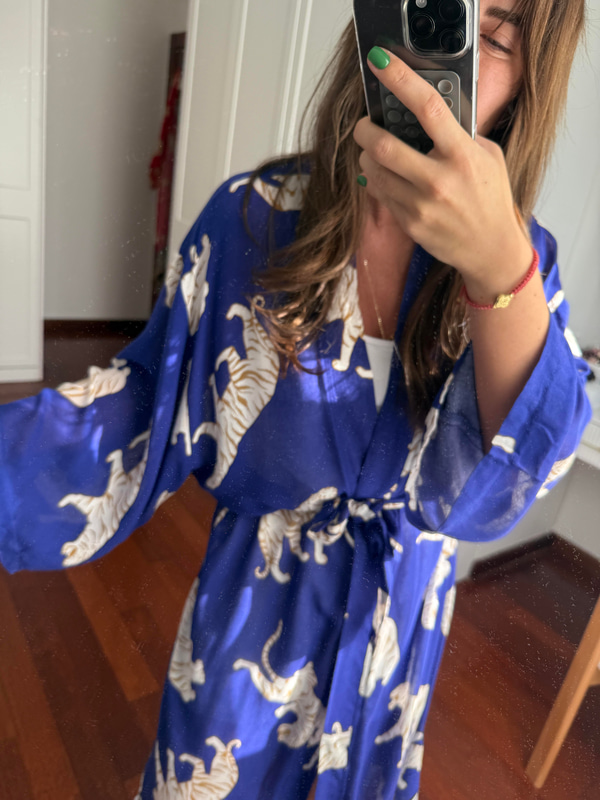 %100 Pamuk , Kaplan Desenli , Mavi Kimono