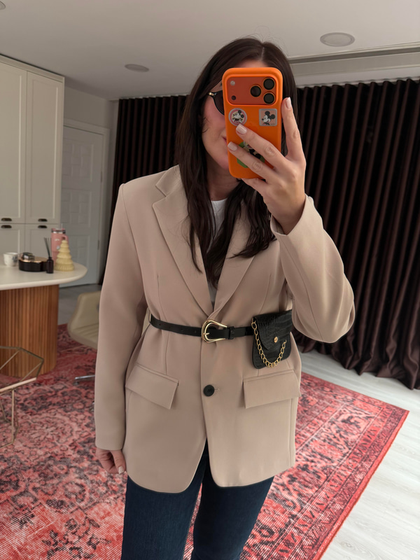 Cüzdan Kemerli , Bej , Blazer Ceket