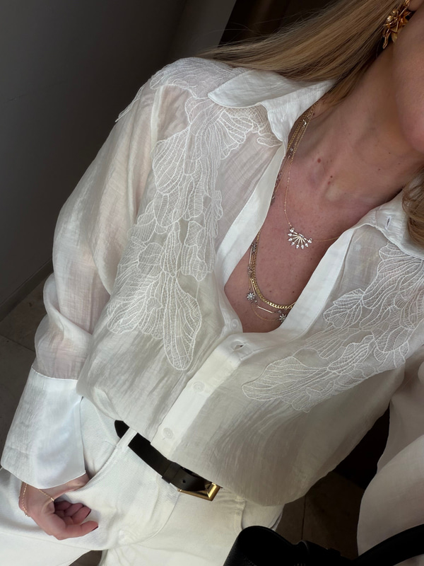 Beyaz Dantel Nakışlı Premium Tencel Gömlek