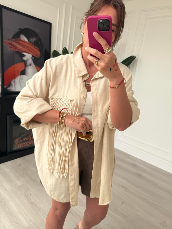 Makrome Detaylı Bej Oversize Gömlek