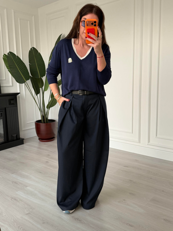 Kemerli Lacivert Palazzo Pantalon