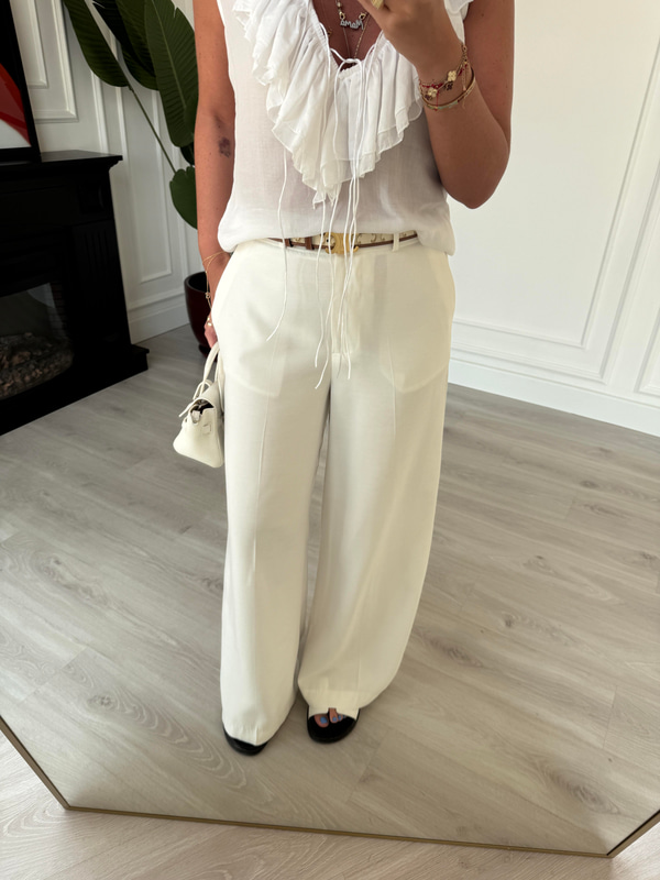 Karol ,Premium Kumaş , Tencel , Ekru Palazzo Pantolon