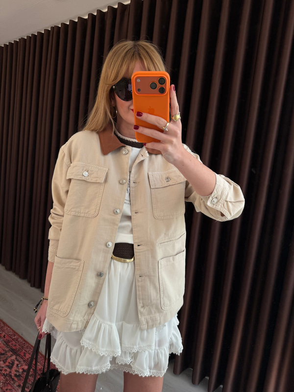 Taba Yakalı , Bej , Yumuşacık Tencel Jean Ceket