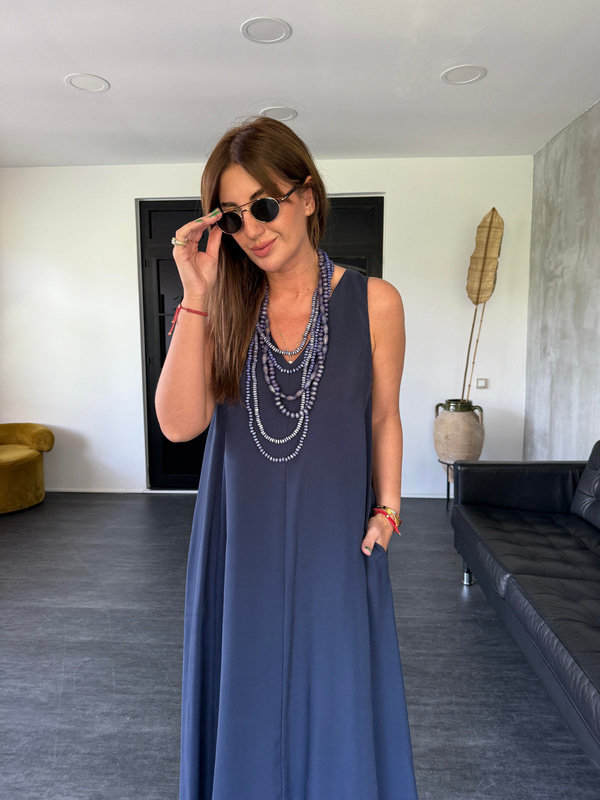 V Yaka , Lacivert , Tencel Elbise