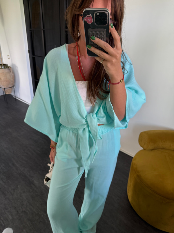 %100 Coton , Mint Yeşili , Önden Bağlamalı , Beli Lastikli , Müslim Takım