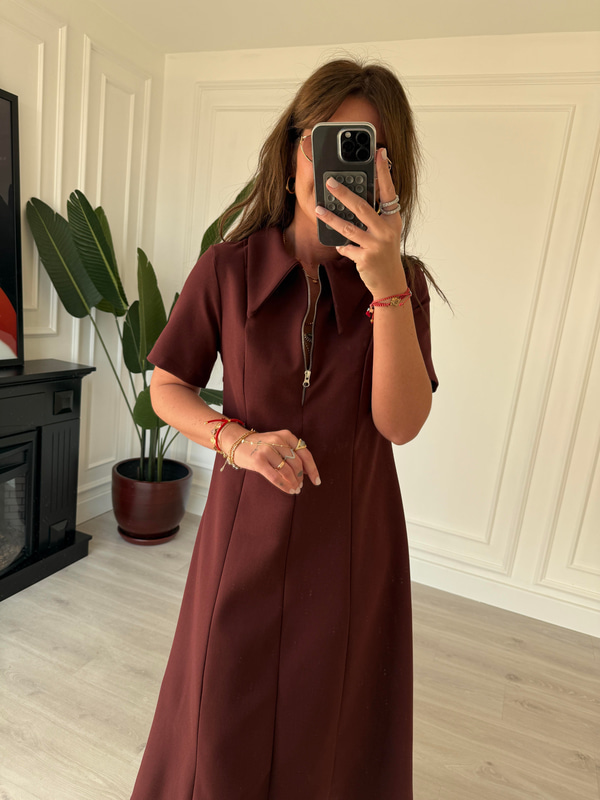 Orijinal Marka , Önden Yarım Fermuarlı , Bordo Elbise