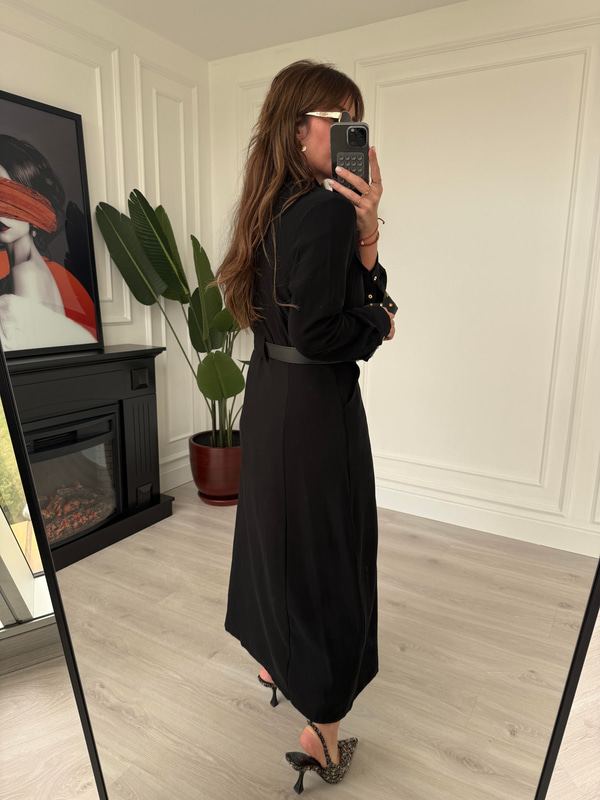 Premium Tok Tencel, Kemerli Siyah Gömlek Elbise