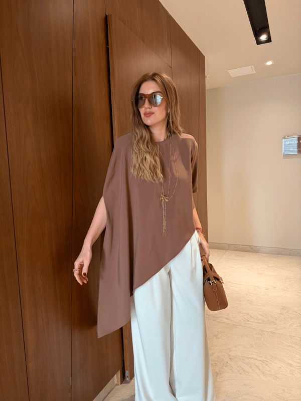 Kahve Asimetrik Kesim Tencel Modal Bluz