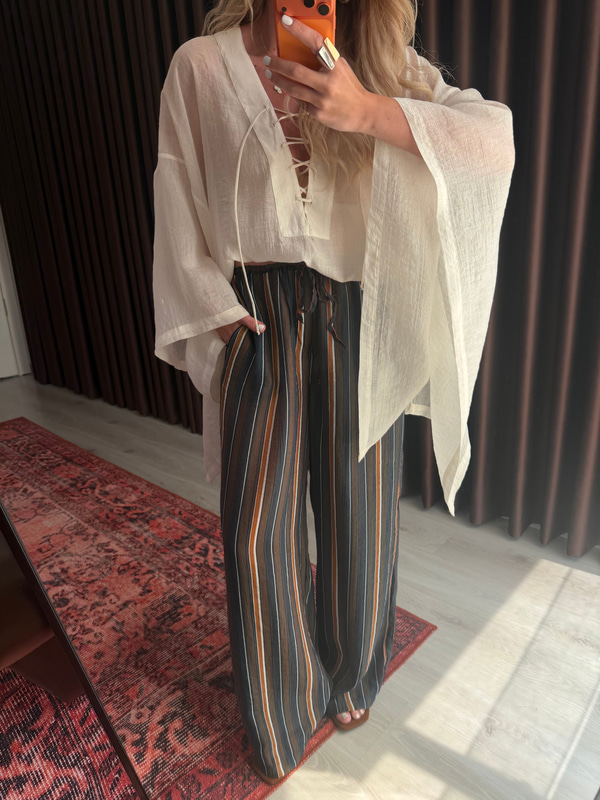 Premium, Renkli Çizgili Kahve Tiril Pantalon
