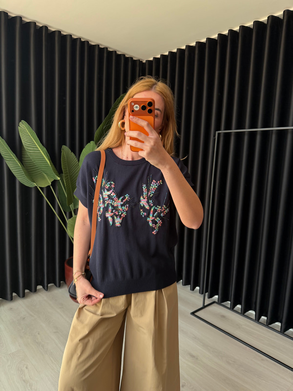 Pul Payet İşlemeli , Lacivert Merserize Triko