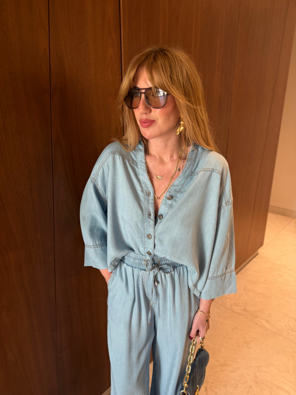 %100 Tencel Buz Mavisi Gömlek Pantalon Takım