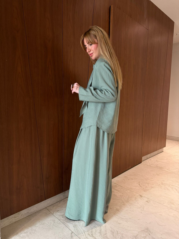 Nil Yeşili , Orijinal Model Fular Yakalı Gömlek & Pantalon Premium Tencel Takım