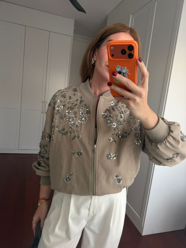 Kristal Taş İşlemeli Premium Vizon Bomber Ceket