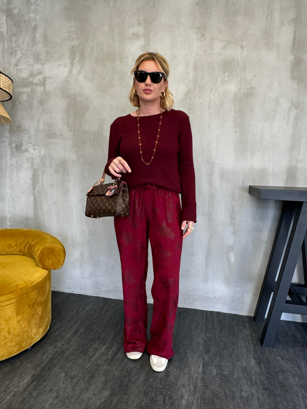 Bordo Jakarlı Tiril Pantolon
