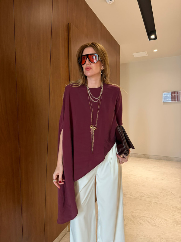 Bordo Asimetrik Kesim Tencel Modal Bluz