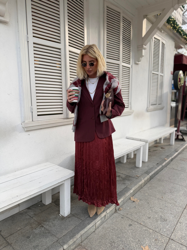 Premium Buruş Kumaş , Beli Lastikli , Bordo Etek