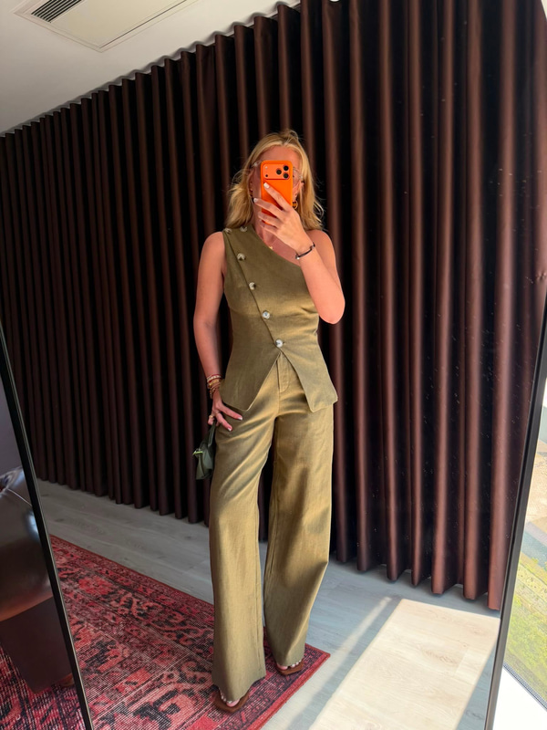 Orijinal Model , Yandan Düğmeli , Haki , Keten Bluz Takım