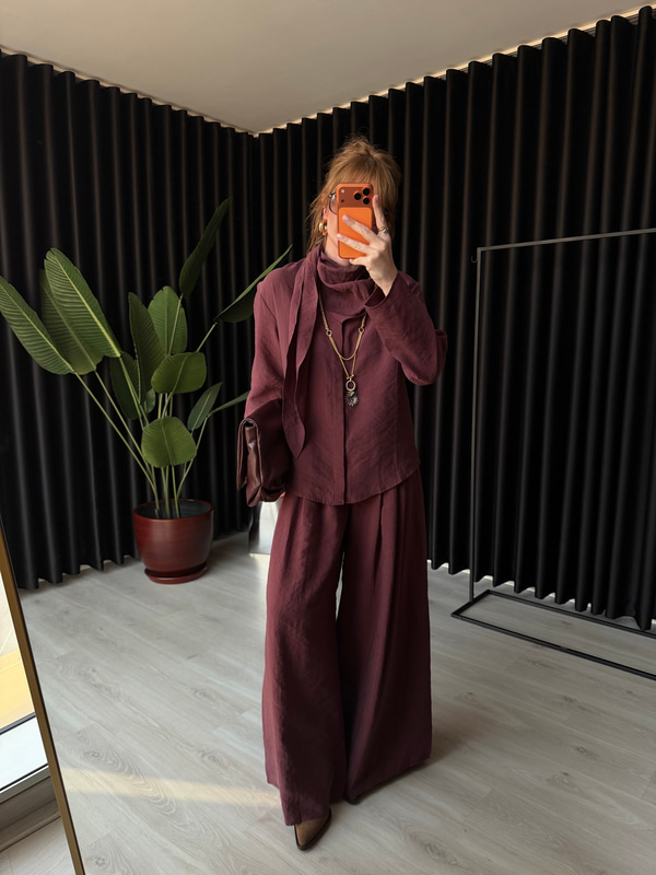 Mürdüm Orijinal Model Fular Yakalı Gömlek & Pantalon Premium Tencel Takım