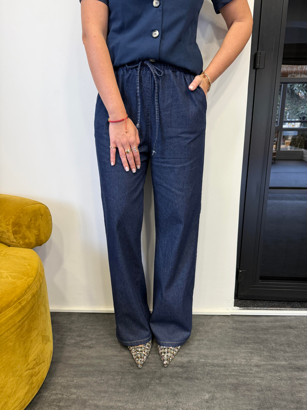 Beli Komple Lastikli , Likralı , Lacivert Jean Pantolon