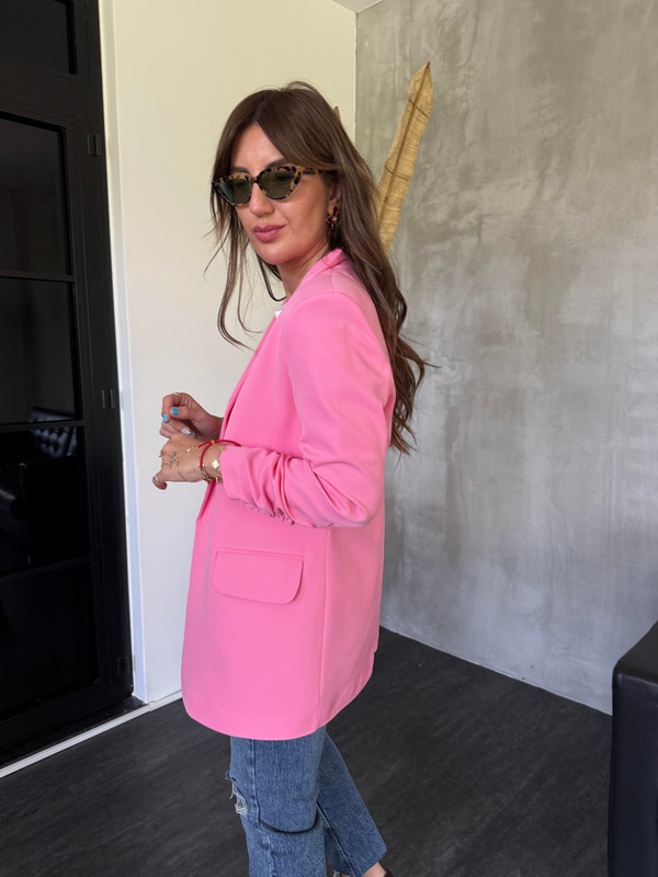 Orijinal Model , Kolu Büzgülü , Likralı , Pembe Blazer Ceket