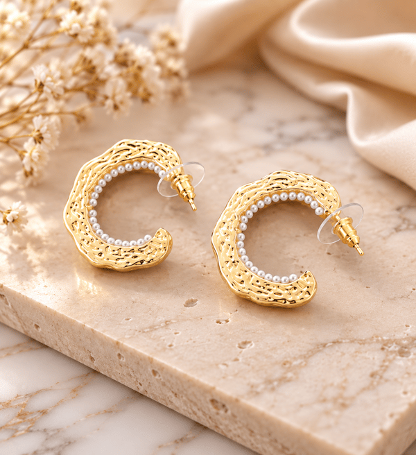 Mini Sıralı İncili , Gold Küpe