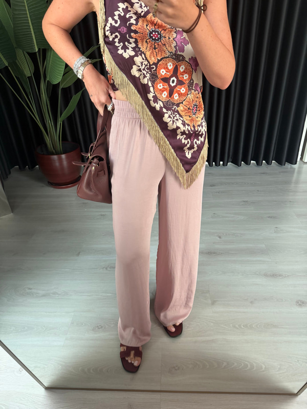 Beli Komple Lastikli Pudra Pembe Tencel Palazzo Pantalon