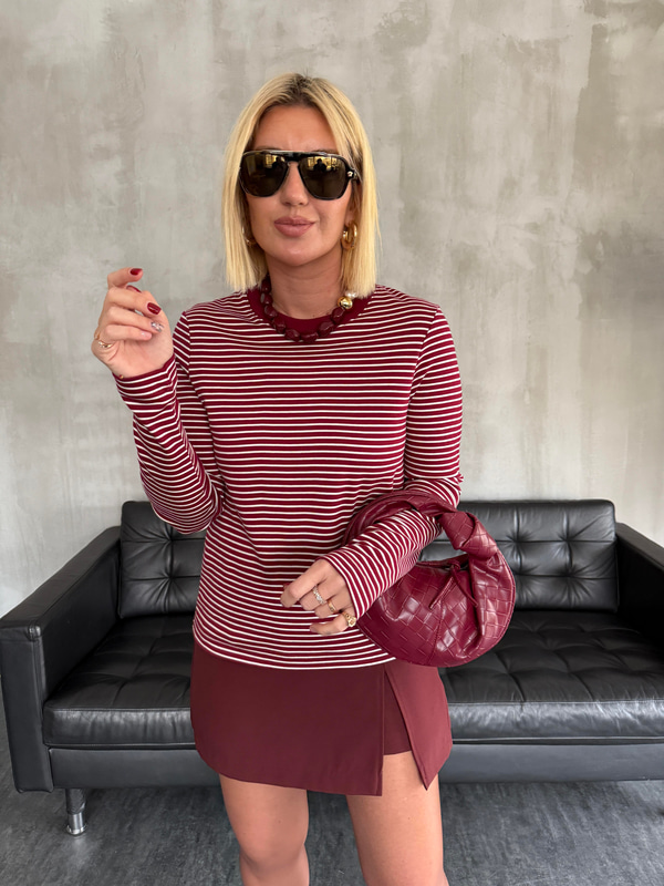 %100 Pamuk , Çizgili , Bordo Premium T-shirt