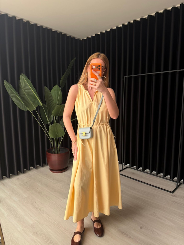 Orijinal Model , Deri Yaka Detaylı , Sarı Elbise