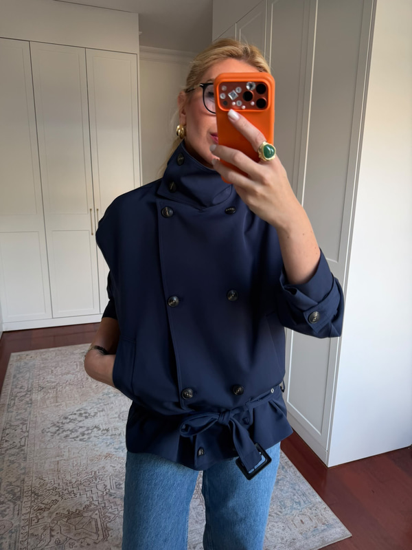 Belden Bağlamalı , Dik Yaka , Premium Lacivert Trençkot