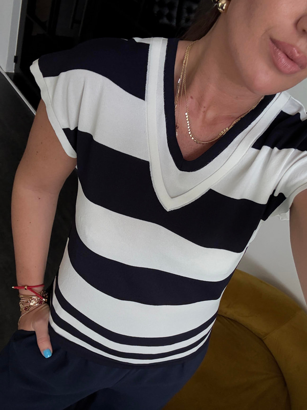 Double Tasarım Yaka, Lacivert Çizgili Premium Merserize Bluz