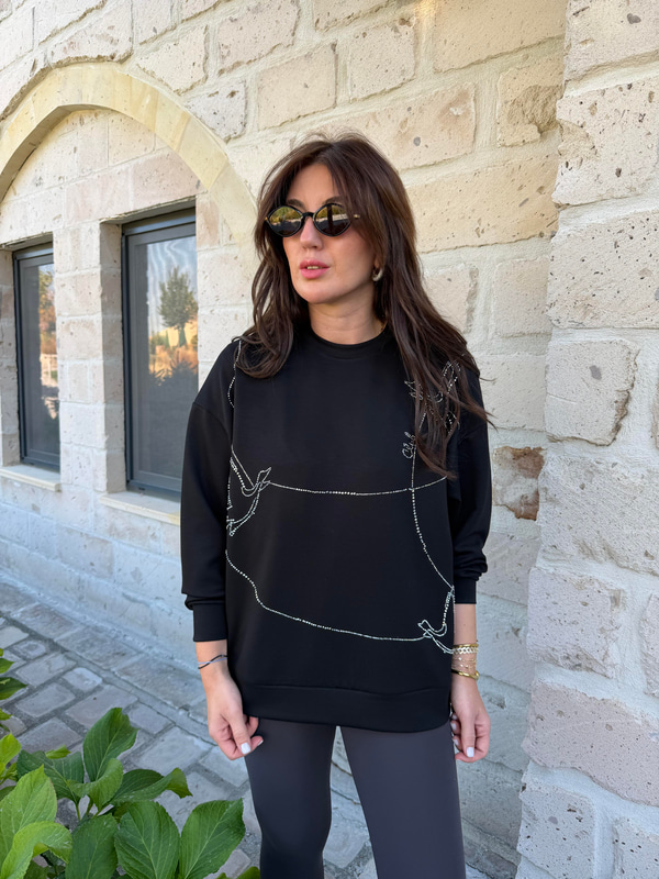 Orijinal Marka , Taş İşlemeli , Siyah Sweatshirt